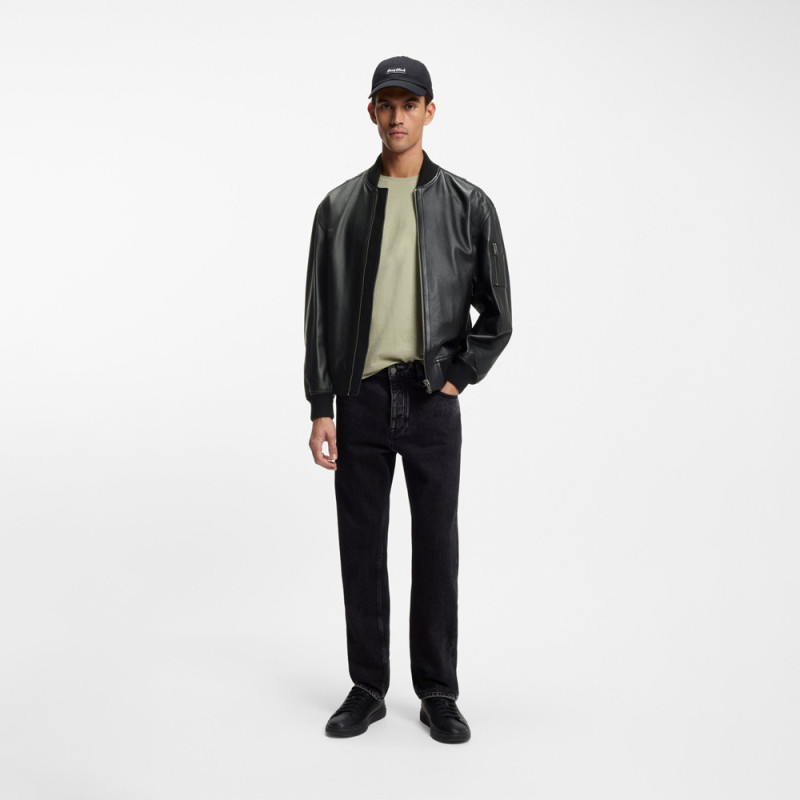 Veste en cuir avec poche sur une manche Jakri BOSS noire