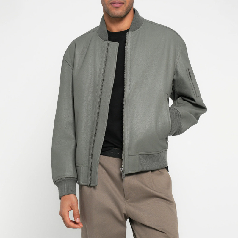 Veste en cuir avec poche sur une manche Jakri BOSS grise