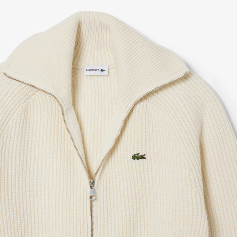 Pull zippé col montant laine cardée LACOSTE blanc cassé