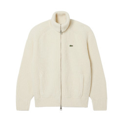Pull zippé col montant laine cardée LACOSTE blanc cassé