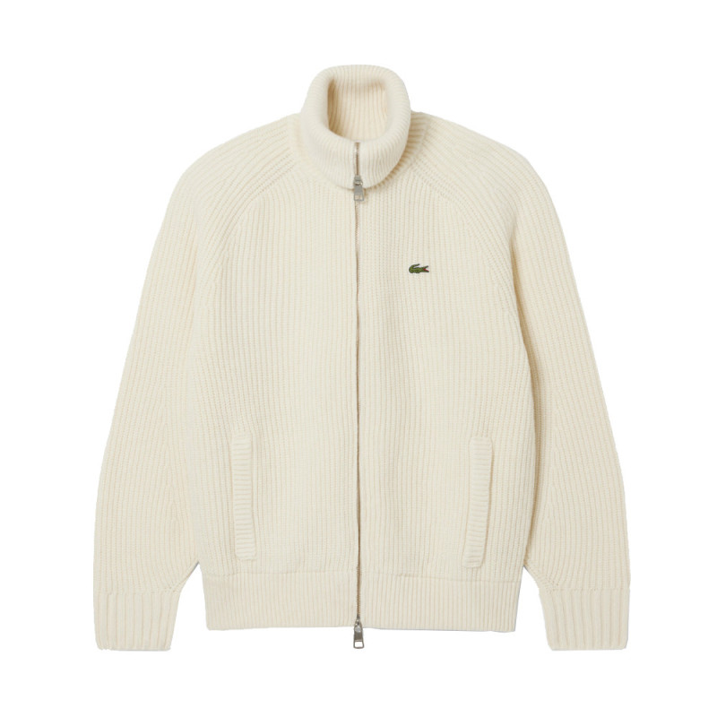 Pull zippé col montant laine cardée LACOSTE blanc cassé