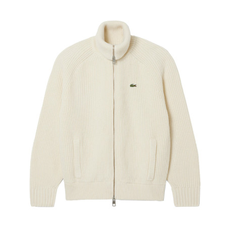Pull zippé col montant laine cardée LACOSTE blanc cassé
