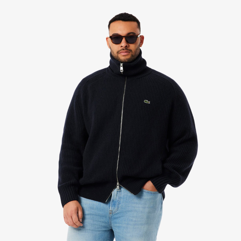 Pull zippé col montant laine cardée LACOSTE bleu nuit