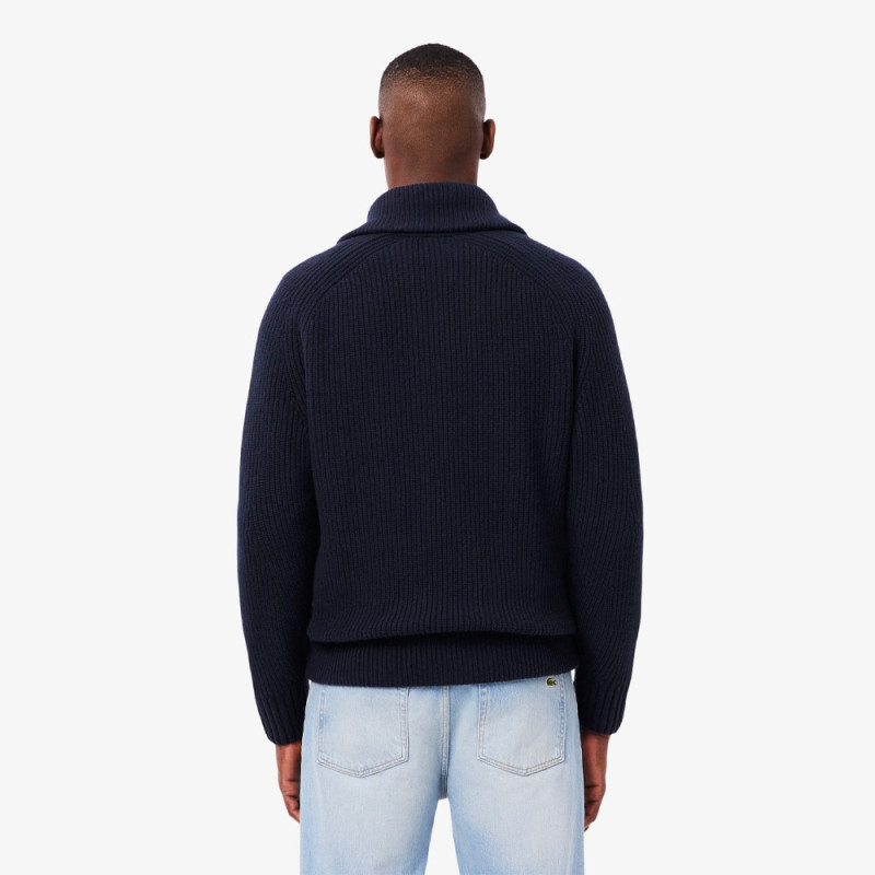 Pull zippé col montant laine cardée LACOSTE bleu nuit