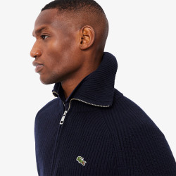 Pull zippé col montant laine cardée LACOSTE bleu nuit