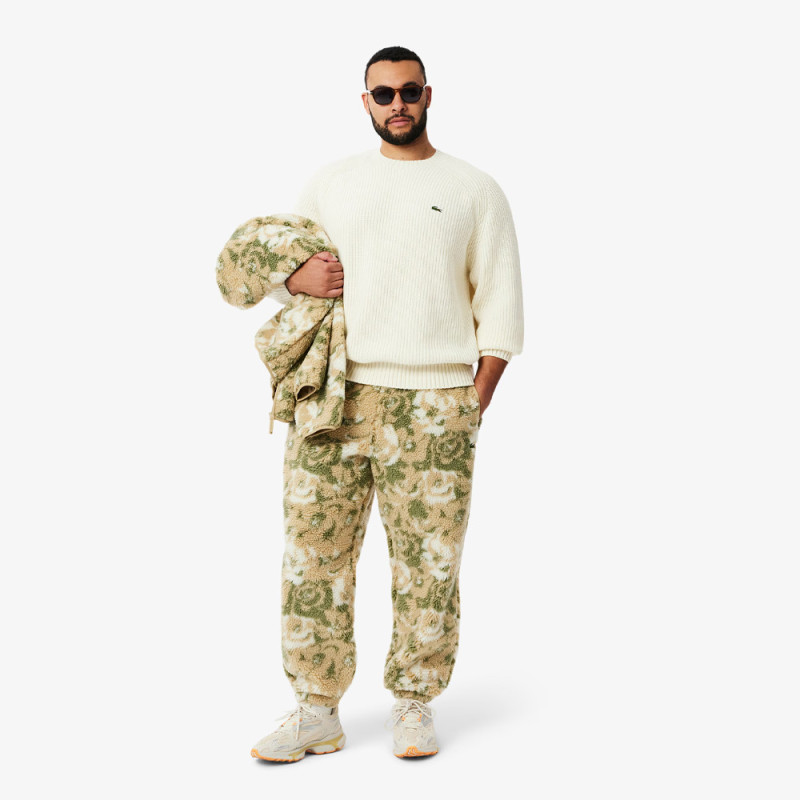 Pull en laine cardée épaisse col rond LACOSTE blanc cassé