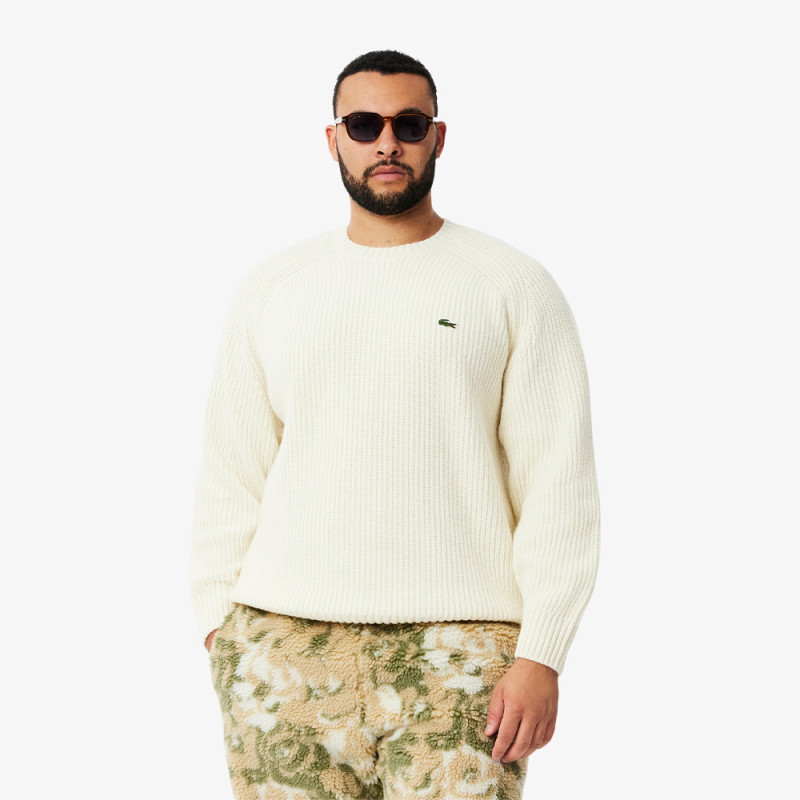 Pull en laine cardée épaisse col rond LACOSTE blanc cassé