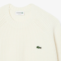 Pull en laine cardée épaisse col rond LACOSTE blanc cassé