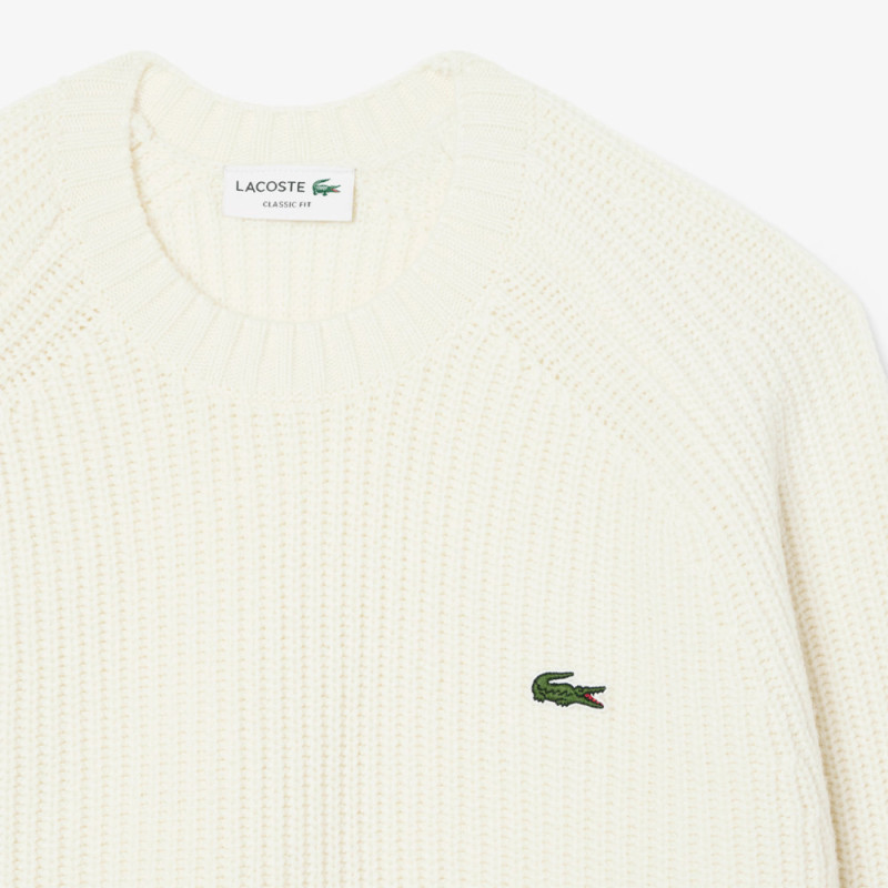 Pull en laine cardée épaisse col rond LACOSTE blanc cassé