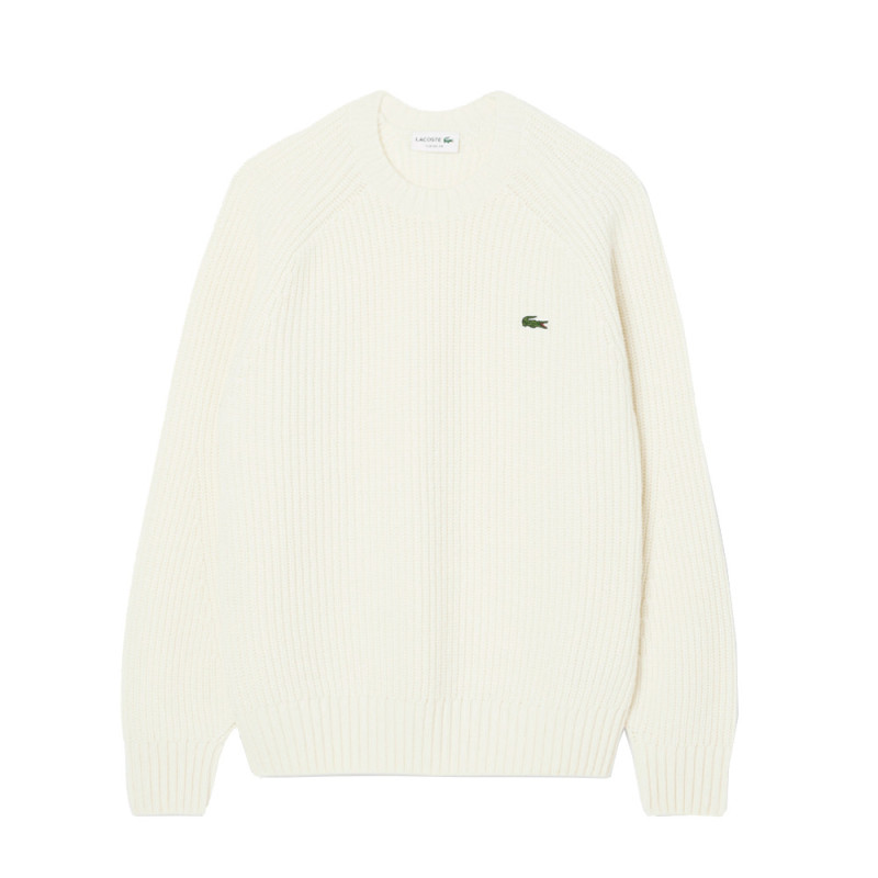 Pull en laine cardée épaisse col rond LACOSTE blanc cassé