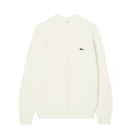 Pull en laine cardée épaisse col rond LACOSTE blanc cassé