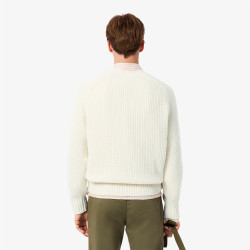Pull en laine cardée épaisse col rond LACOSTE blanc cassé