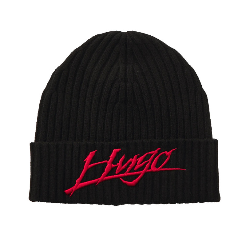 BONNET NOIR EN LAINE AVEC LOGO BRODÉ HUGO XILLA