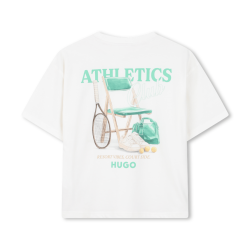 Tee-shirt manches courtes enfant – logo poitrine & illustration dos HUGO blanc
