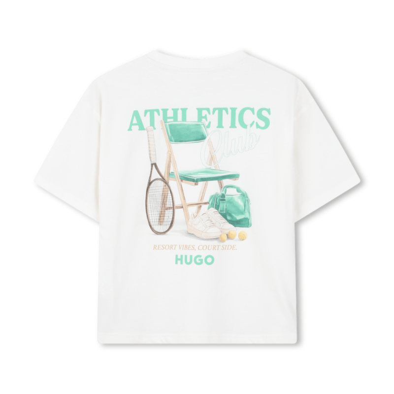 Tee-shirt manches courtes enfant – logo poitrine & illustration dos HUGO blanc