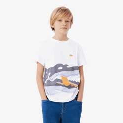 T-shirt Enfant en Coton avec Imprimé Crocodile Aquarelle Confortable et Sportif -Lacoste  blanc