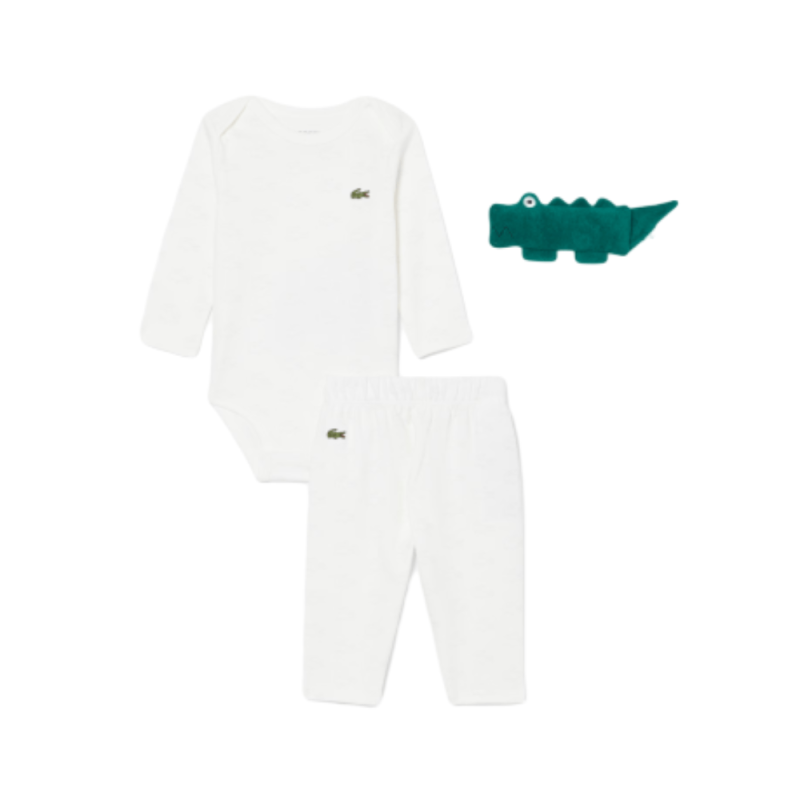 Ensemble layette nouveau-né coton imprimé body manches longues, pantalon et doudou  LACOSTE blanc