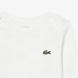 Ensemble layette nouveau-né coton imprimé body manches longues, pantalon et doudou  LACOSTE blanc