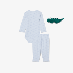 Ensemble layette nouveau-né coton imprimé body manches longues, pantalon et doudou  LACOSTE bleu clair