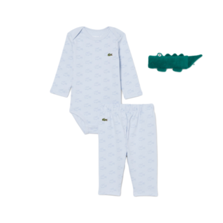 Ensemble layette nouveau-né coton imprimé body manches longues, pantalon et doudou  LACOSTE bleu clair