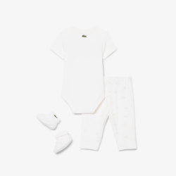 Ensemble layette nouveau-né coton imprimé body manches courtes, pantalon et chaussettes LACOSTE blanc