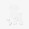 Ensemble layette nouveau-né coton imprimé body manches courtes, pantalon et chaussettes LACOSTE blanc