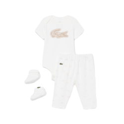 Ensemble layette nouveau-né coton imprimé body manches courtes, pantalon et chaussettes LACOSTE blanc