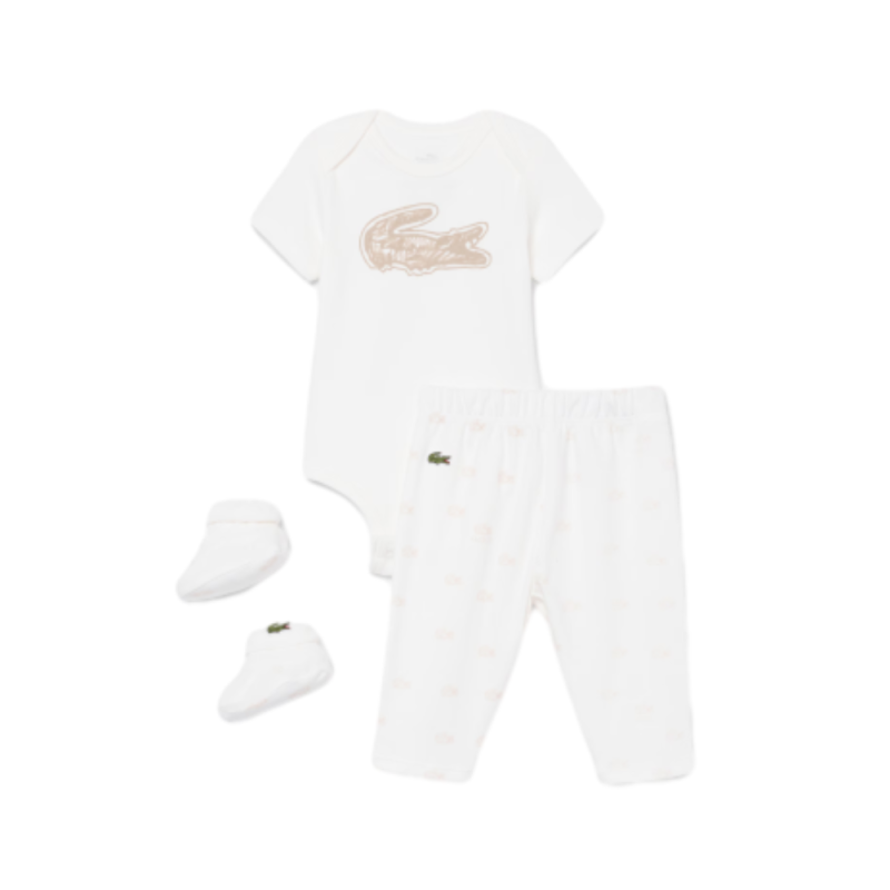 Ensemble layette nouveau-né coton imprimé body manches courtes, pantalon et chaussettes LACOSTE blanc