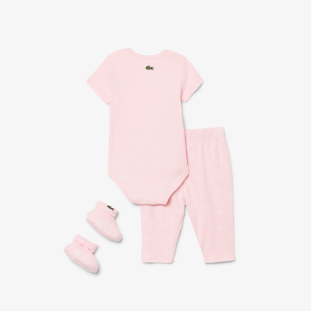 Ensemble layette nouveau-né coton imprimé body manches courtes, pantalon et chaussettes LACOSTE rose