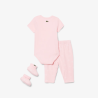 Ensemble layette nouveau-né coton imprimé body manches courtes, pantalon et chaussettes LACOSTE rose