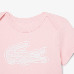 Ensemble layette nouveau-né coton imprimé body manches courtes, pantalon et chaussettes LACOSTE rose