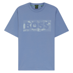 T-shirt BOSS TS_Globe Logo Pattern Homme Bleu Pastel – Coupe regular en coton stretch avec logo artwork réfléchissant
