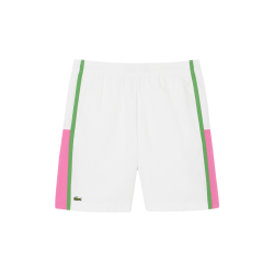 Short Tennis léger bandes color-block Performance & Confort LACOSTE blanc/fushia/billard