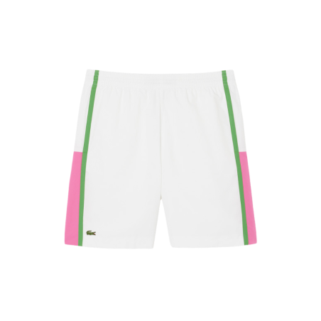 Short Tennis léger bandes color-block Performance & Confort LACOSTE blanc/fushia/billard