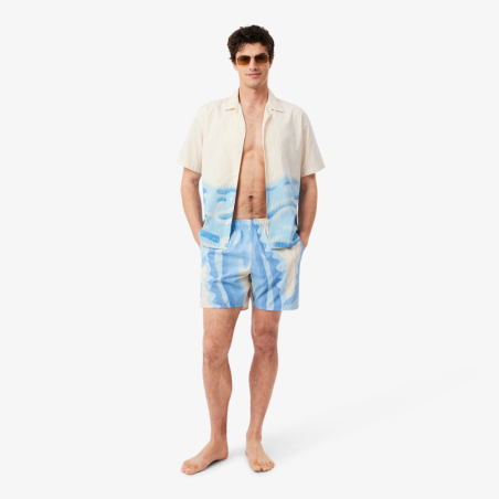 Short de Bain Lacoste Mi-Long Rayé Blanc / Beige