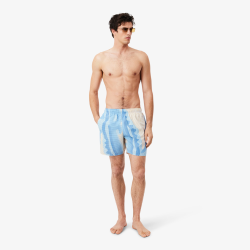 Short de Bain Lacoste Mi-Long Rayé Blanc Beige Homme | DM'Sports