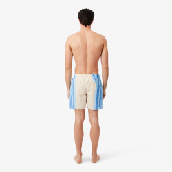 Short de Bain Lacoste Mi-Long Rayé Blanc Beige Homme | DM'Sports