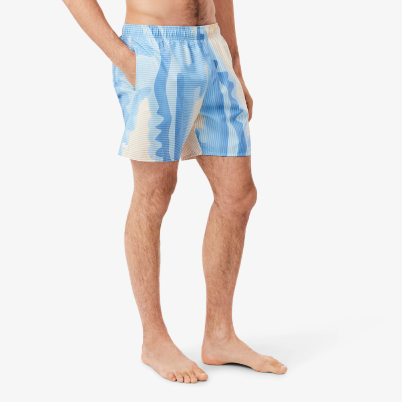 Short de Bain Lacoste Mi-Long Rayé Blanc Beige Homme | DM'Sports